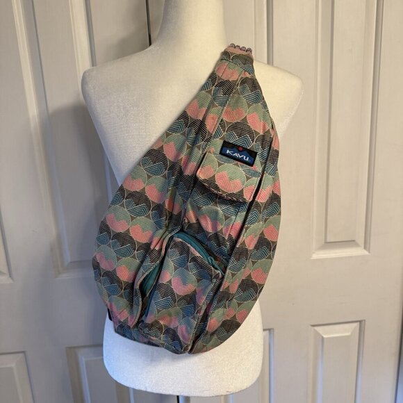 Kavu Rope Sling Bag Pink Teal Geometric Print Multiple Zipper Pockets - Picture 1 of 15